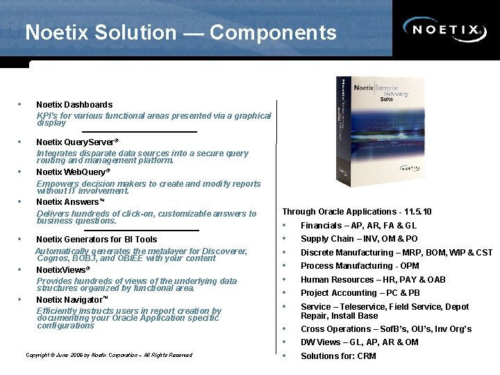 Noetix Solution — Components • Noetix Dashboards KPI’s for various functional areas presented via