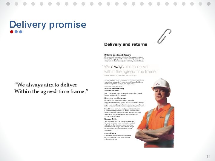 ● ● ● ● ● ● ● Delivery promise ●●● “We always aim to
