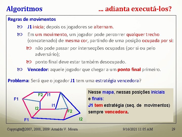 Algoritmos . . . adianta executá-los? Regras de movimentos J 1 inicia; depois os