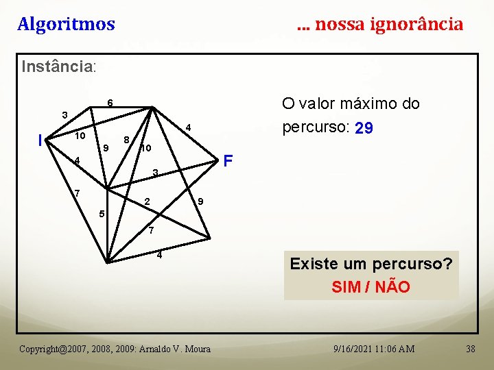 Algoritmos . . . nossa ignorância Instância: O valor máximo do percurso: 29 6