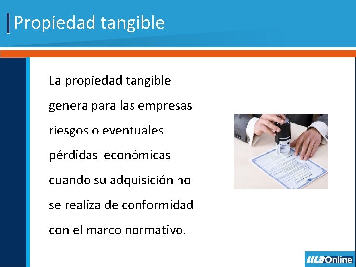 Propiedad tangible La propiedad tangible genera para las empresas riesgos o eventuales pérdidas económicas