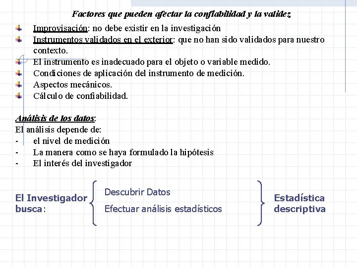 Factores que pueden afectar la confiabilidad y la validez Improvisación: no debe existir en