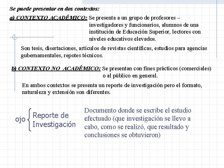 Se puede presentar en dos contextos: a) CONTEXTO ACADÉMICO: Se presenta a un grupo