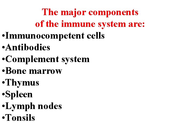The major components of the immune system are: • Immunocompetent cells • Antibodies •