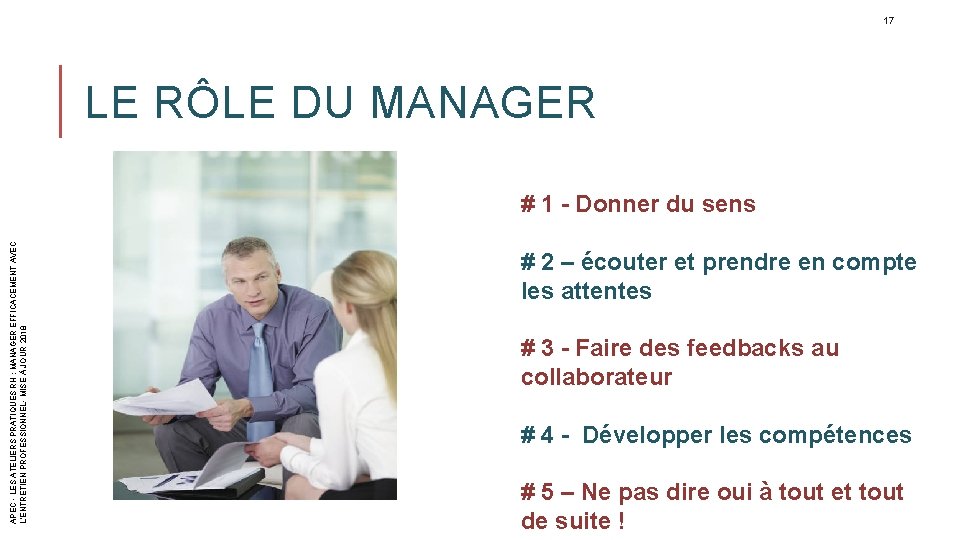 17 LE RÔLE DU MANAGER APEC - LES ATELIERS PRATIQUES RH : MANAGER EFFICACEMENT