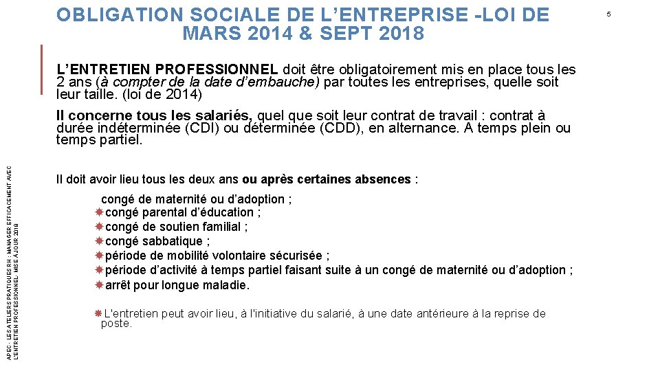 OBLIGATION SOCIALE DE L’ENTREPRISE -LOI DE MARS 2014 & SEPT 2018 L’ENTRETIEN PROFESSIONNEL doit