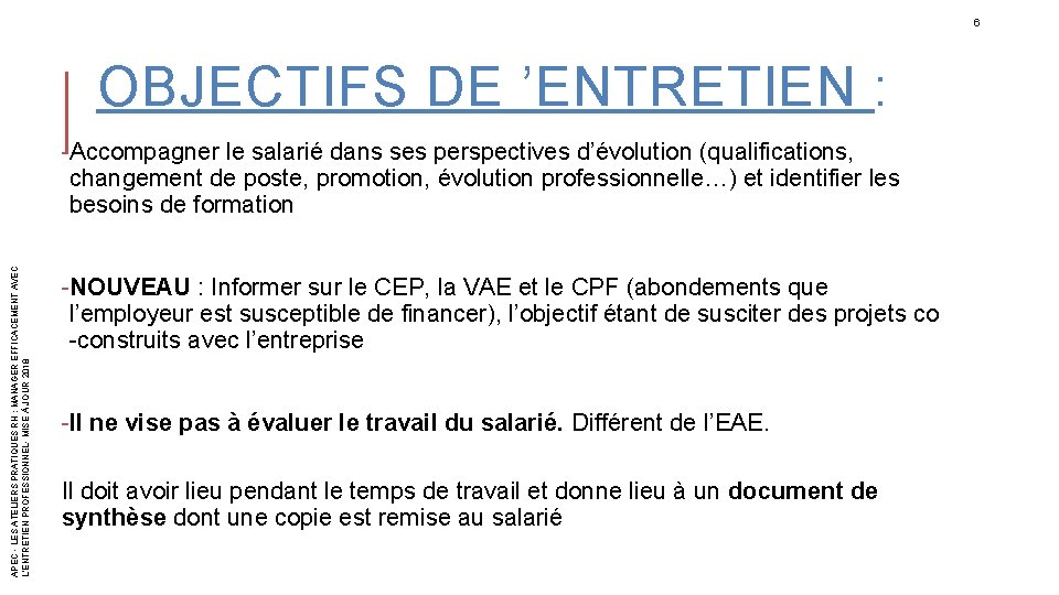 6 OBJECTIFS DE ’ENTRETIEN : APEC - LES ATELIERS PRATIQUES RH : MANAGER EFFICACEMENT