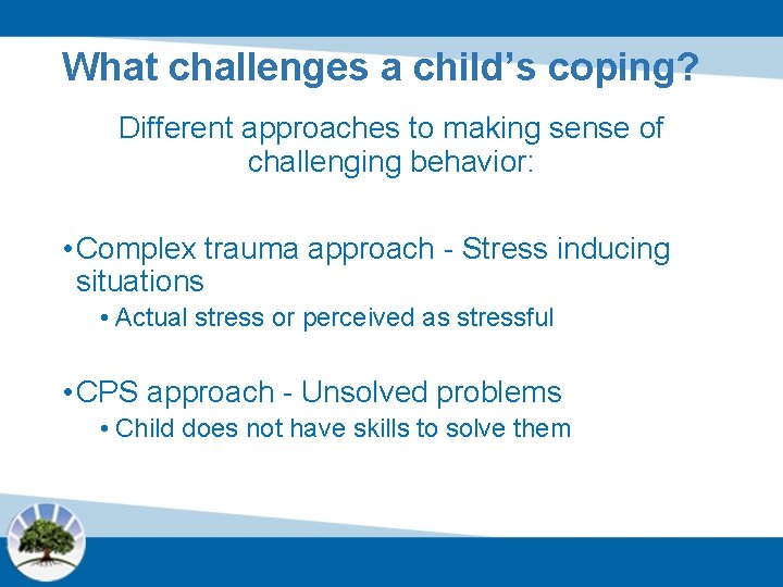 What challenges a child’s coping? Different approaches to making sense of challenging behavior: •