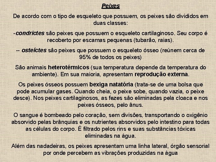 Peixes De acordo com o tipo de esqueleto que possuem, os peixes são divididos