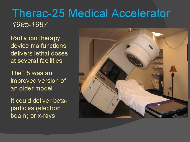 Therac-25 Medical Accelerator 1985 -1987 Radiation therapy device malfunctions, delivers lethal doses at several