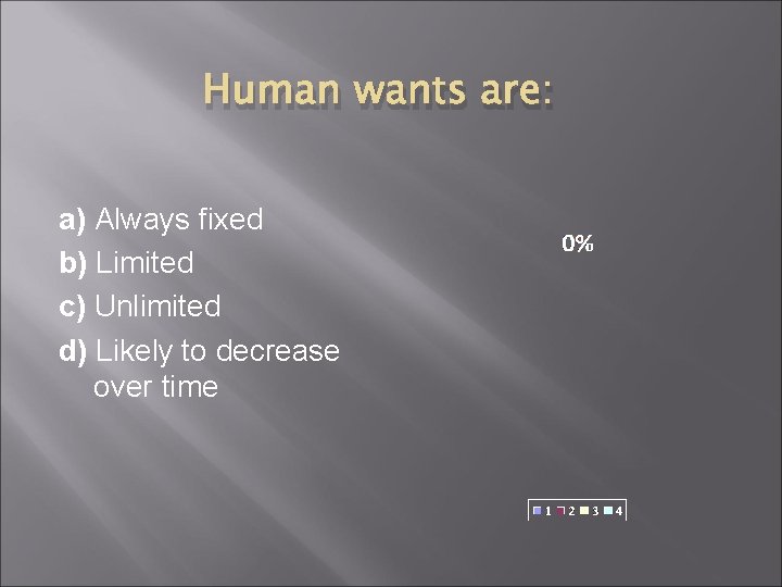 Human wants are: a) Always fixed b) Limited c) Unlimited d) Likely to decrease