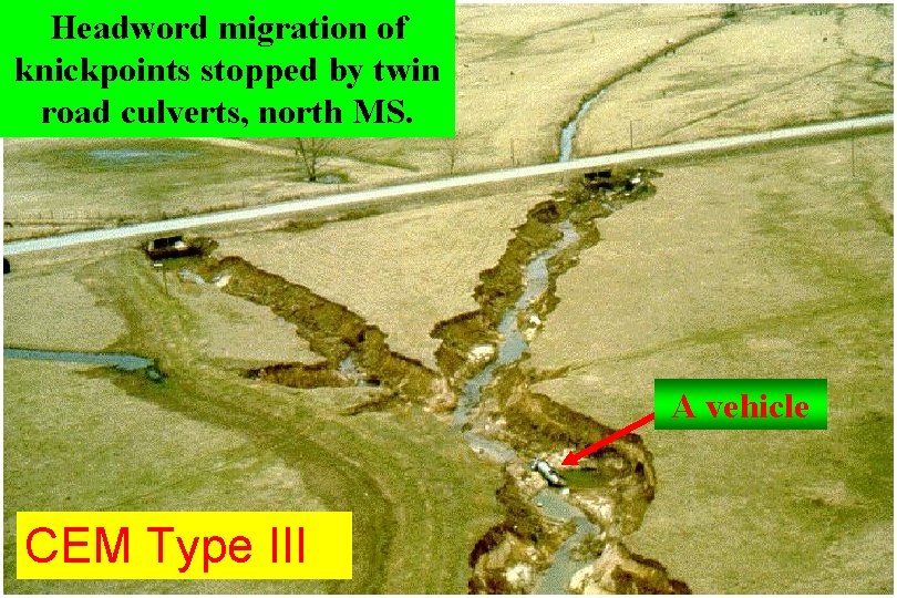 Headword migration of knickpoints stopped by twin road culverts, north MS. A vehicle CEM
