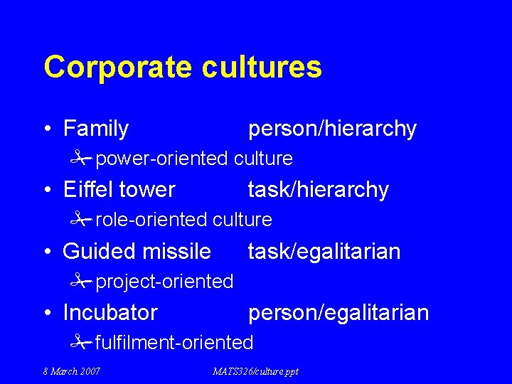 Corporate cultures • Family person/hierarchy #power-oriented culture • Eiffel tower task/hierarchy #role-oriented culture •