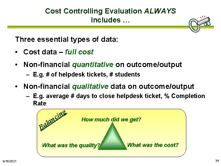 Cost Controlling Evaluation ALWAYS Includes … Three essential types of data: • Cost data