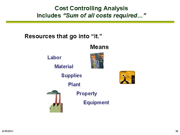 Cost Controlling Analysis Includes “Sum of all costs required…” Resources that go into “it.