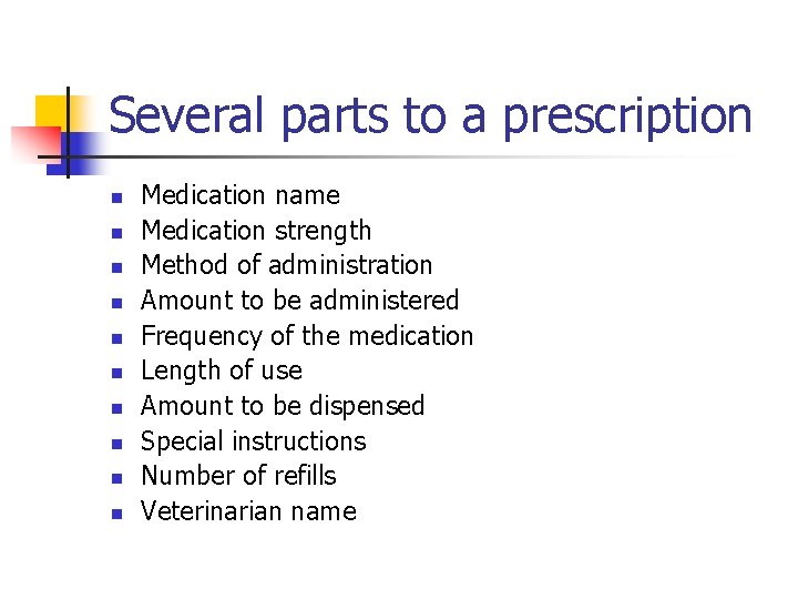 Several parts to a prescription n n Medication name Medication strength Method of administration