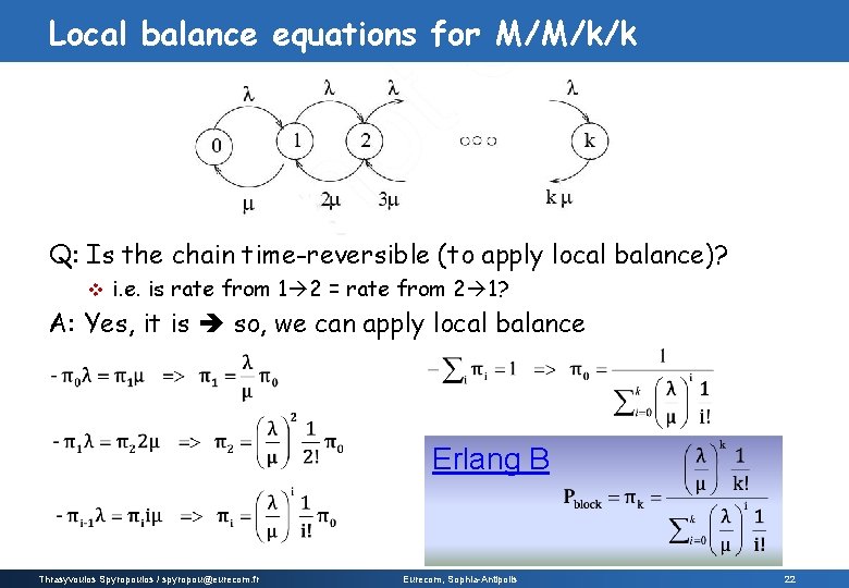 Local balance equations for M/M/k/k Q: Is the chain time-reversible (to apply local balance)?