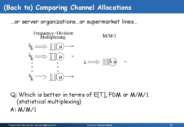 (Back to) Comparing Channel Allocations …or server organizations…or supermarket lines… Q: Which is better