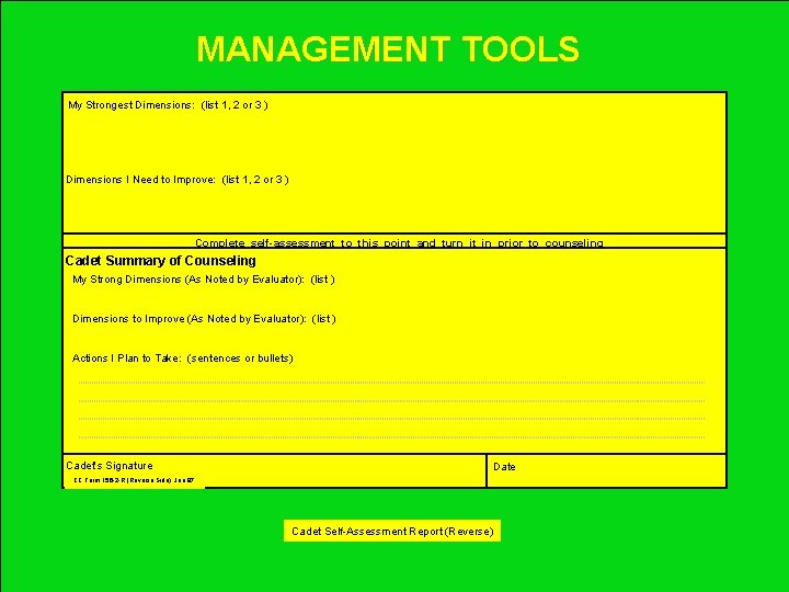 MANAGEMENT TOOLS My Strongest Dimensions: (list 1, 2 or 3 ) Dimensions I Need