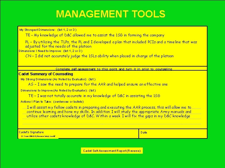 MANAGEMENT TOOLS My Strongest Dimensions: (list 1, 2 or 3 ) TE – My