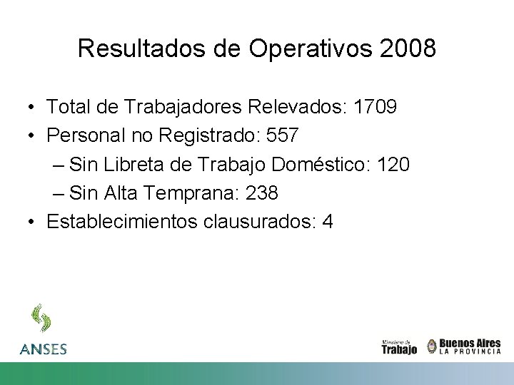 Resultados de Operativos 2008 • Total de Trabajadores Relevados: 1709 • Personal no Registrado: