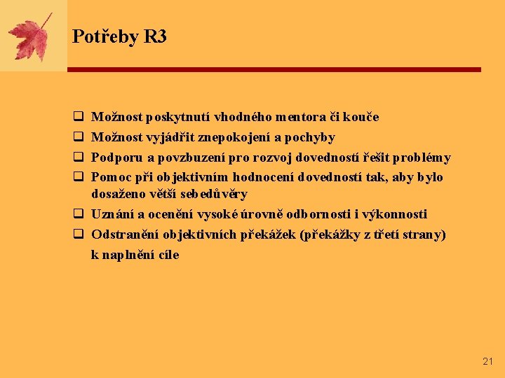 Potřeby R 3 q q Možnost poskytnutí vhodného mentora či kouče Možnost vyjádřit znepokojení