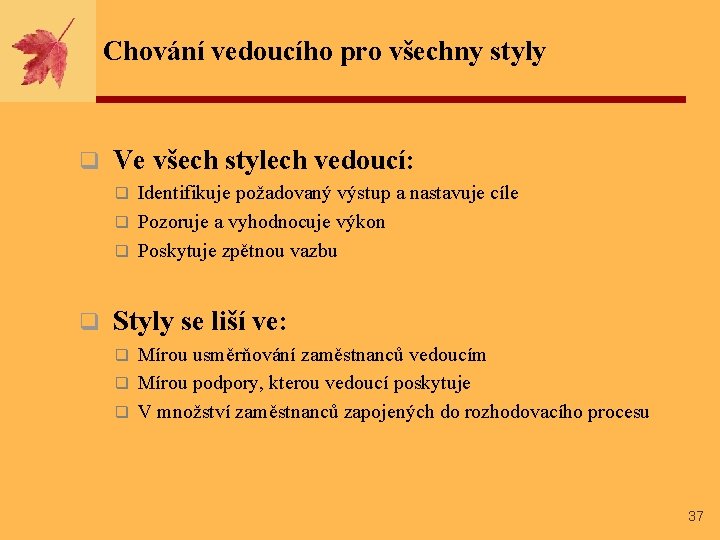 Chování vedoucího pro všechny styly q Ve všech stylech vedoucí: Identifikuje požadovaný výstup a