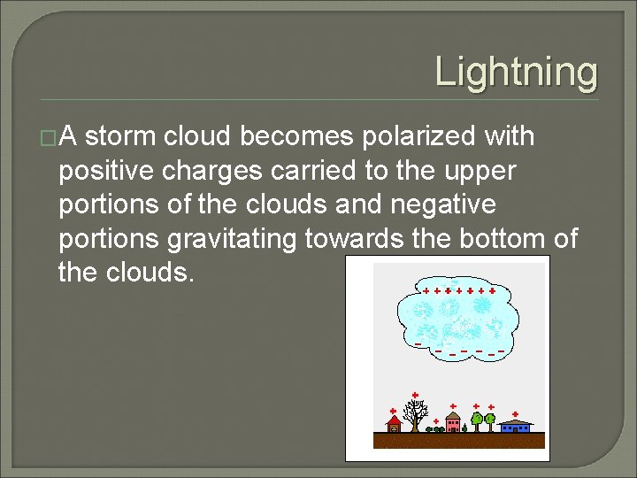 Lightning �A storm cloud becomes polarized with positive charges carried to the upper portions
