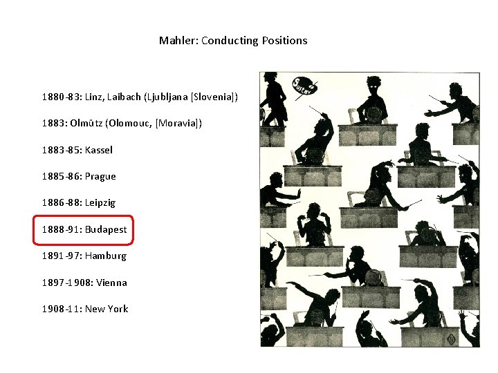 Mahler: Conducting Positions 1880 -83: Linz, Laibach (Ljubljana [Slovenia]) 1883: Olmütz (Olomouc, [Moravia]) 1883