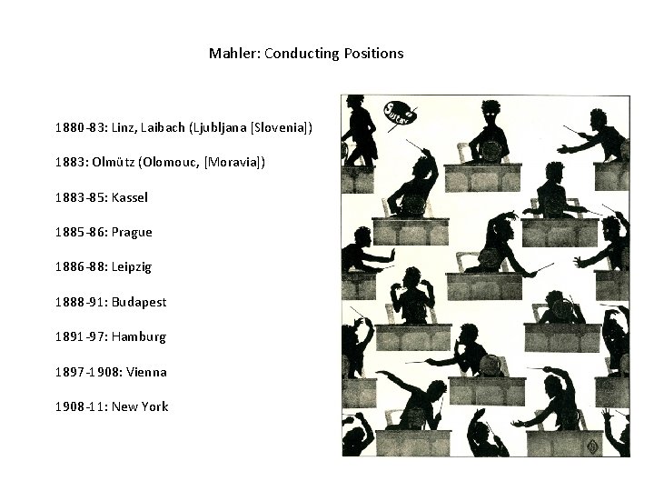Mahler: Conducting Positions 1880 -83: Linz, Laibach (Ljubljana [Slovenia]) 1883: Olmütz (Olomouc, [Moravia]) 1883