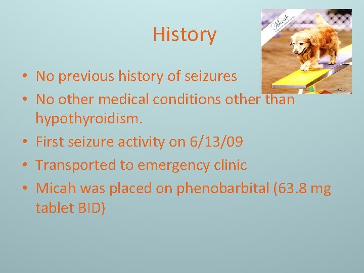 History • No previous history of seizures • No other medical conditions other than