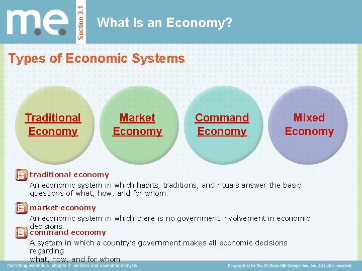 Section 3. 1 What Is an Economy? Types of Economic Systems Traditional Economy Market