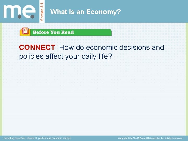 Section 3. 1 What Is an Economy? CONNECT How do economic decisions and policies