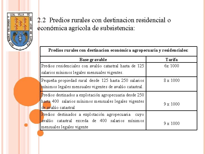 2. 2 Predios rurales con destinacion residencial o económica agrícola de subsistencia: Predios rurales