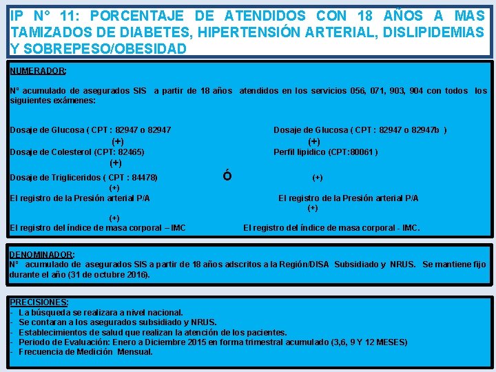 IP N° 11: PORCENTAJE DE ATENDIDOS CON 18 AÑOS A MAS TAMIZADOS DE DIABETES,