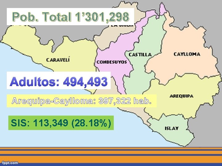 Pob. Total 1’ 301, 298 Adultos: 494, 493 Arequipa-Caylloma: 397, 322 hab. SIS: 113,