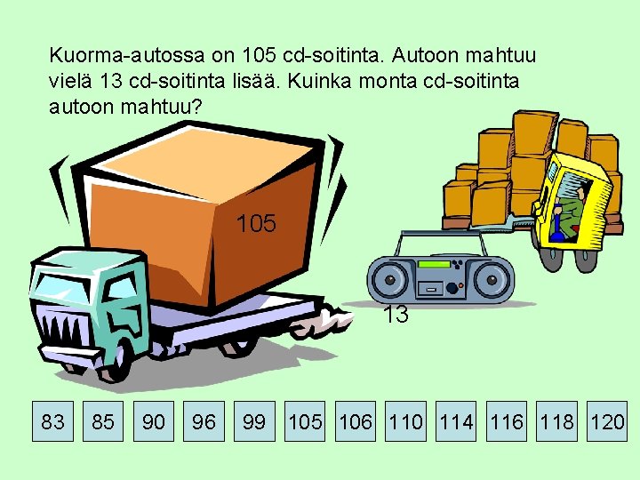 Kuorma-autossa on 105 cd-soitinta. Autoon mahtuu vielä 13 cd-soitinta lisää. Kuinka monta cd-soitinta autoon