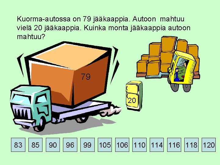 Kuorma-autossa on 79 jääkaappia. Autoon mahtuu vielä 20 jääkaappia. Kuinka monta jääkaappia autoon mahtuu?