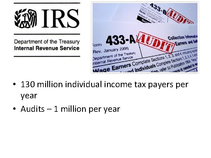  • 130 million individual income tax payers per year • Audits – 1