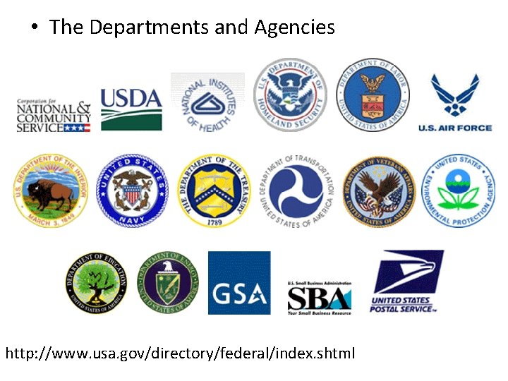 • The Departments and Agencies http: //www. usa. gov/directory/federal/index. shtml 