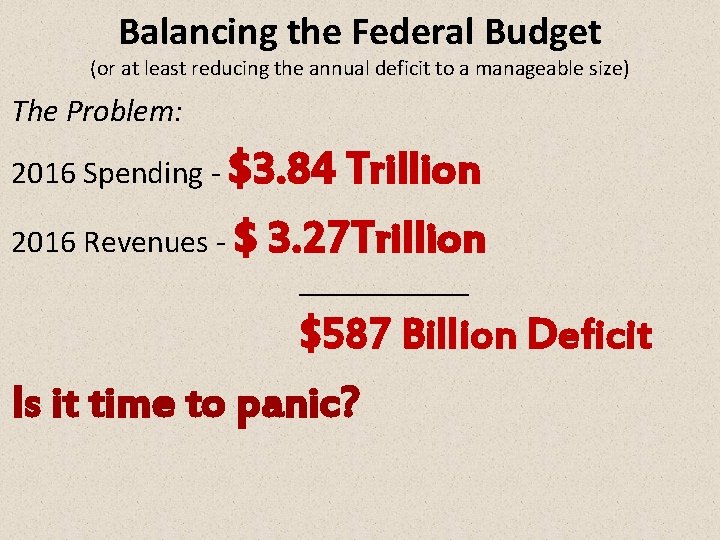 Balancing the Federal Budget (or at least reducing the annual deficit to a manageable