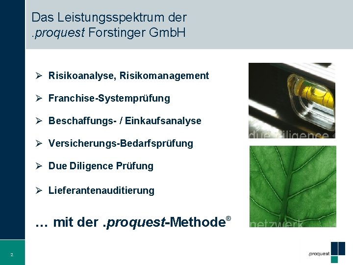 Das Leistungsspektrum der. proquest Forstinger Gmb. H Ø Risikoanalyse, Risikomanagement Ø Franchise-Systemprüfung Ø Beschaffungs-