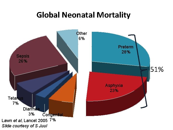 Global Neonatal Mortality Other 6% Sepsis 26% Preterm 28% 51% Asphyxia 23% Tetanus 7%