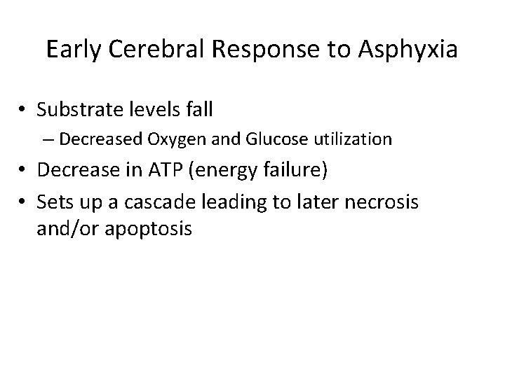 Early Cerebral Response to Asphyxia • Substrate levels fall – Decreased Oxygen and Glucose