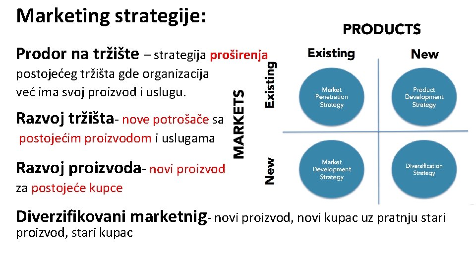 Marketing strategije: Prodor na tržište – strategija proširenja postojećeg tržišta gde organizacija već ima