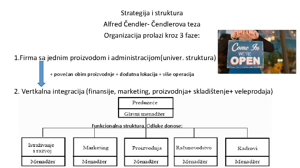 Strategija i struktura Alfred Čendler- Čendlerova teza Organizacija prolazi kroz 3 faze: 1. Firma