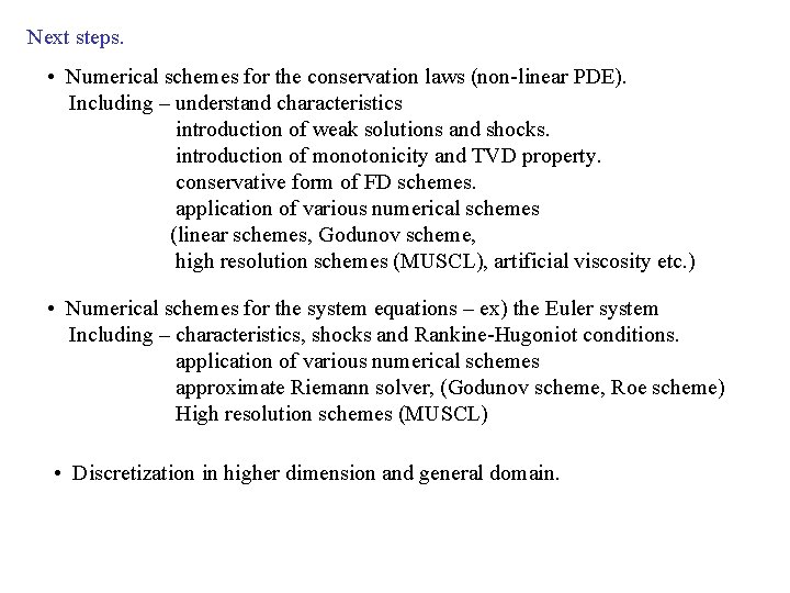 Next steps. • Numerical schemes for the conservation laws (non-linear PDE). Including – understand