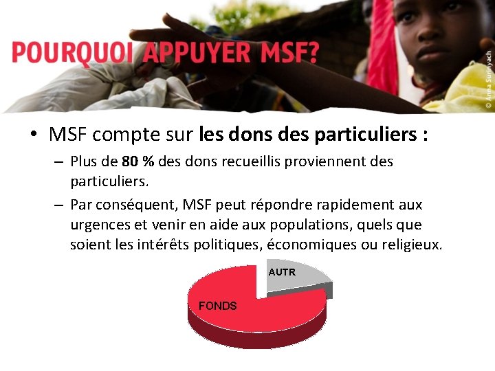  • MSF compte sur les dons des particuliers : – Plus de 80