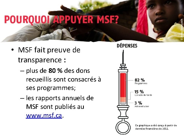  • MSF fait preuve de transparence : – plus de 80 % des