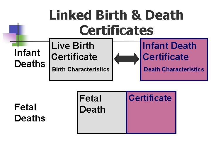 Linked Birth & Death Certificates Infant Deaths Fetal Deaths Live Birth Certificate Infant Death